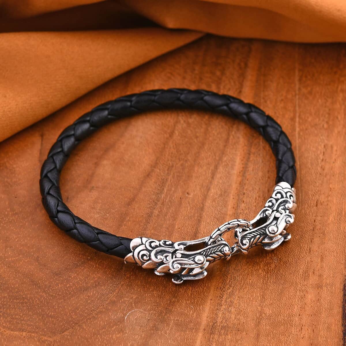 Bali Legacy Dragon Bracelet in Sterling Silver and Leather Cord (6.50 In) image number 1