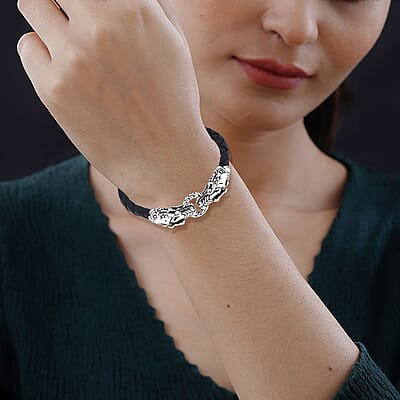 Bali Legacy Dragon Bracelet in Sterling Silver and Leather Cord (6.50 In)
