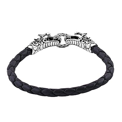 Bali Legacy Dragon Bracelet in Sterling Silver and Leather Cord (6.50 In)