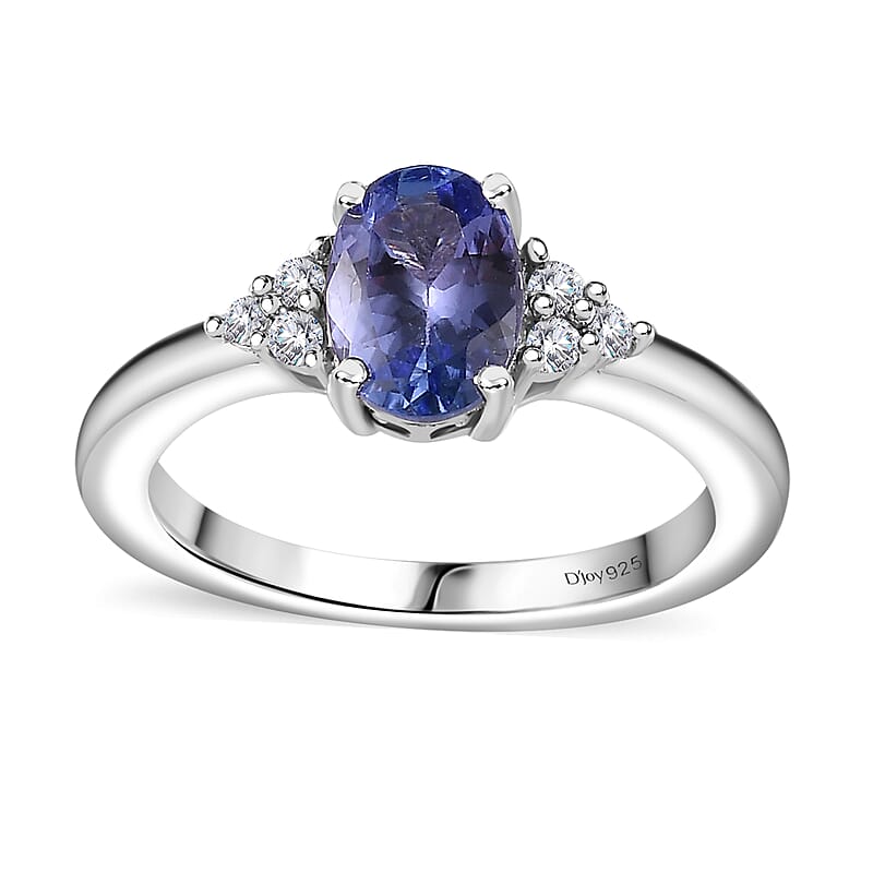 Tanzanite and White Zircon Ring in Rhodium Over Sterling Silver (Size 5.0) 1.00 ctw