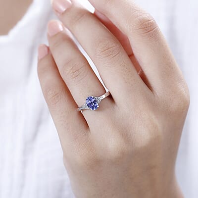 Tanzanite and White Zircon Ring in Rhodium Over Sterling Silver (Size 5.0) 1.00 ctw