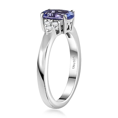 Tanzanite and White Zircon Ring in Rhodium Over Sterling Silver (Size 5.0) 1.00 ctw