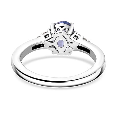 Tanzanite and White Zircon Ring in Rhodium Over Sterling Silver (Size 5.0) 1.00 ctw