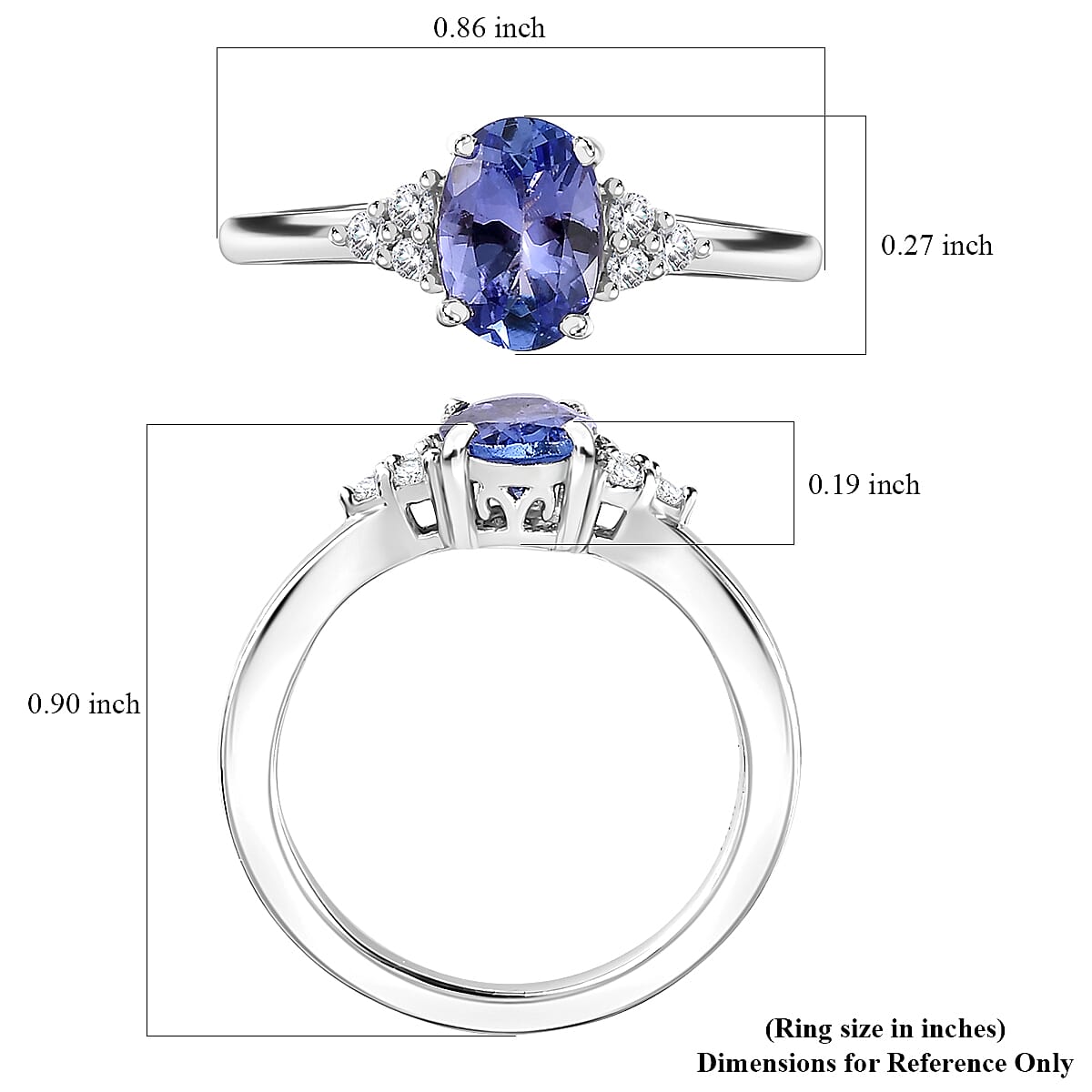 Tanzanite and White Zircon Ring in Rhodium Over Sterling Silver (Size 5.0) 1.00 ctw