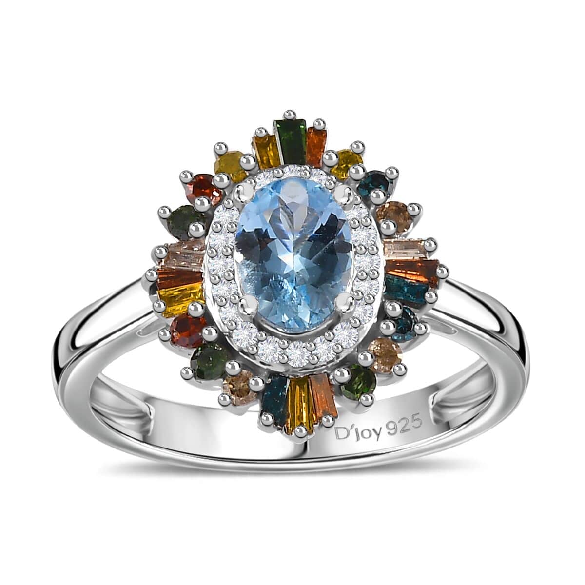 Santa Maria Aquamarine, Multi Diamond (Natural & IR) (0.50 cts) Double Halo Ring in Rhodium Over Sterling Silver (Size 5.0) 1.25 ctw image number 0