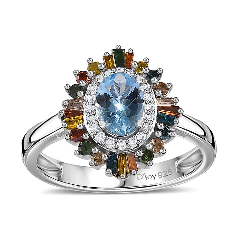 Santa Maria Aquamarine and Multi Diamond Floral Ring in Rhodium Over Sterling Silver (Size 5.0) 1.25 ctw