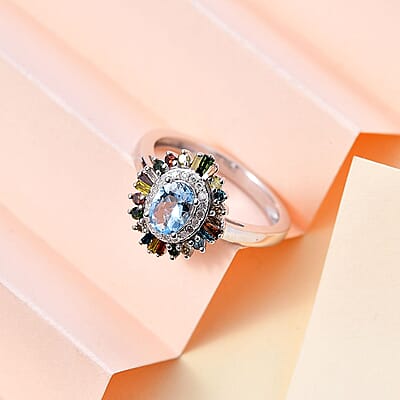 Santa Maria Aquamarine and Multi Diamond Floral Ring in Rhodium Over Sterling Silver (Size 5.0) 1.25 ctw