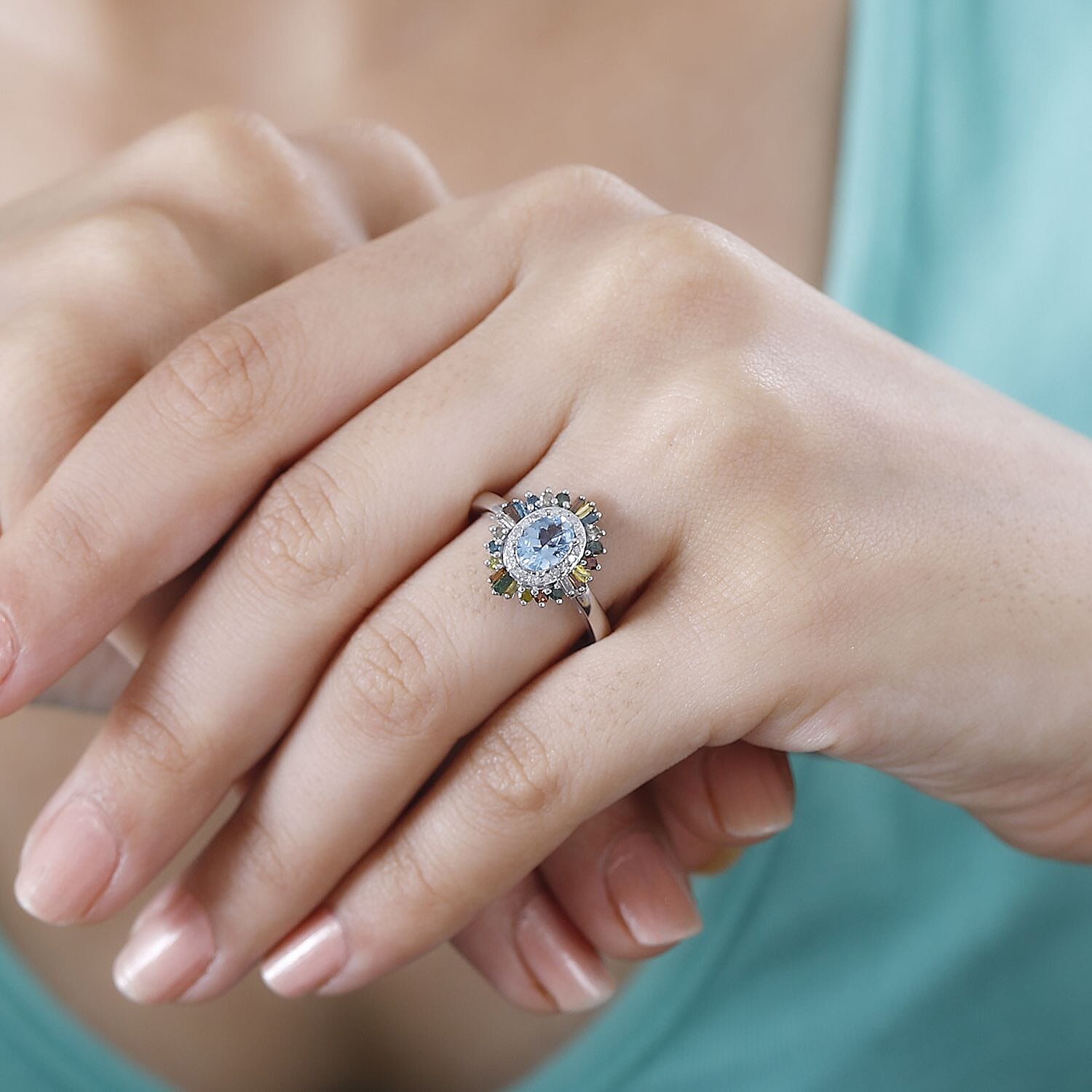 Santa Maria Aquamarine and Multi Diamond Floral Ring in Rhodium Over Sterling Silver (Size 5.0) 1.25 ctw