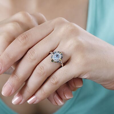 Santa Maria Aquamarine and Multi Diamond Floral Ring in Rhodium Over Sterling Silver (Size 5.0) 1.25 ctw