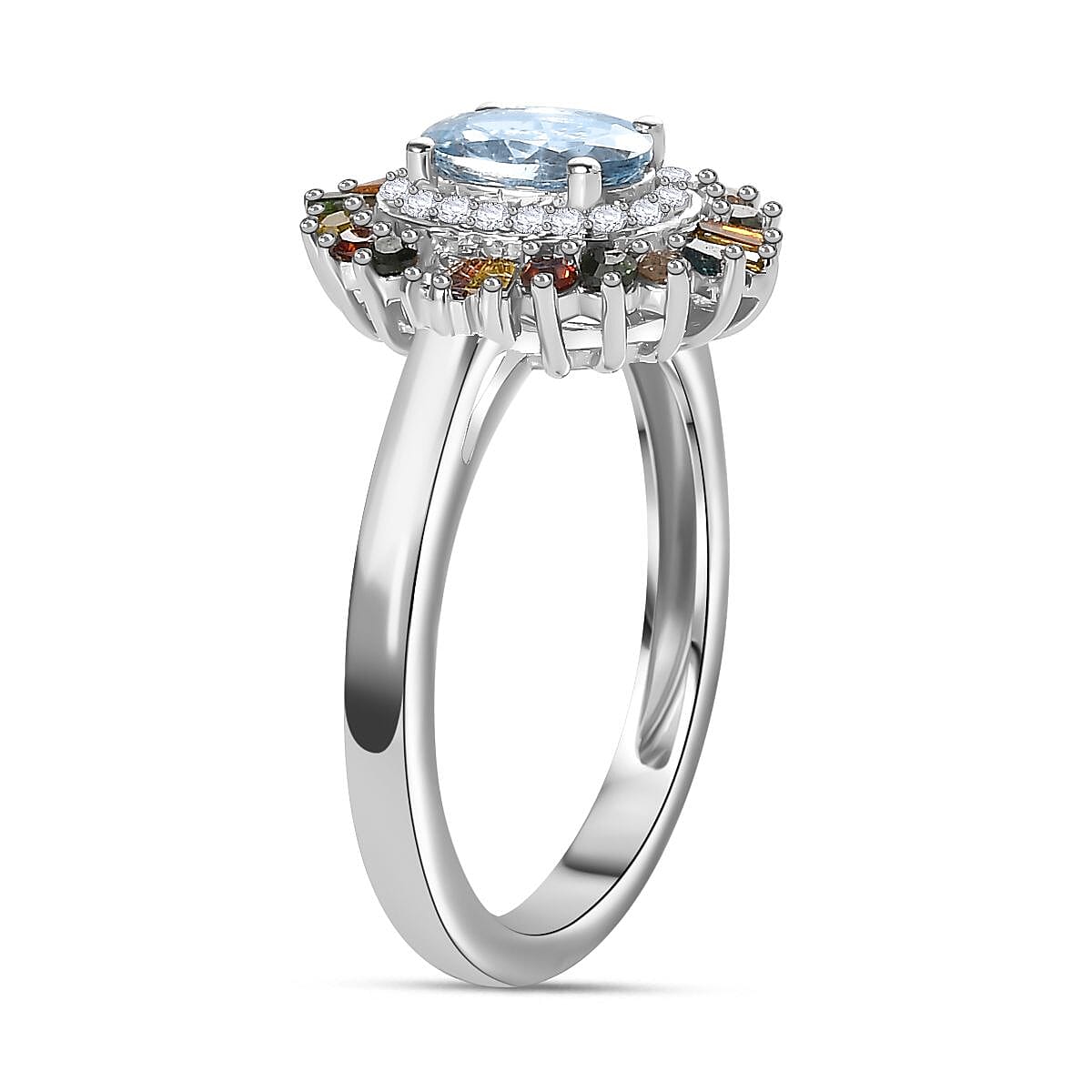 Santa Maria Aquamarine and Multi Diamond Floral Ring in Rhodium Over Sterling Silver (Size 5.0) 1.25 ctw