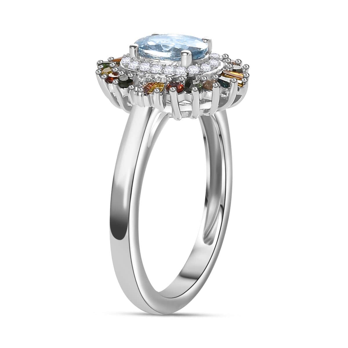 Santa Maria Aquamarine, Multi Diamond (Natural & IR) (0.50 cts) Double Halo Ring in Rhodium Over Sterling Silver (Size 5.0) 1.25 ctw image number 3