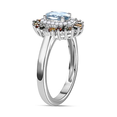 Santa Maria Aquamarine and Multi Diamond Floral Ring in Rhodium Over Sterling Silver (Size 5.0) 1.25 ctw