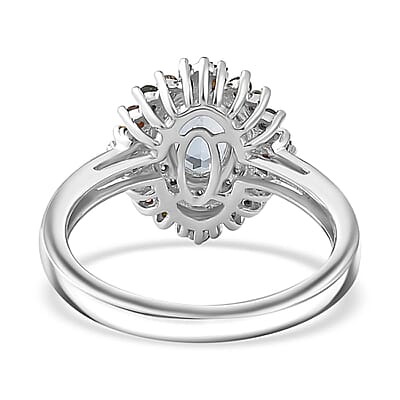 Santa Maria Aquamarine and Multi Diamond Floral Ring in Rhodium Over Sterling Silver (Size 5.0) 1.25 ctw