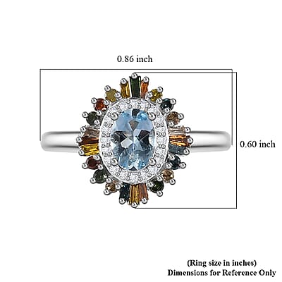 Santa Maria Aquamarine and Multi Diamond Floral Ring in Rhodium Over Sterling Silver (Size 5.0) 1.25 ctw