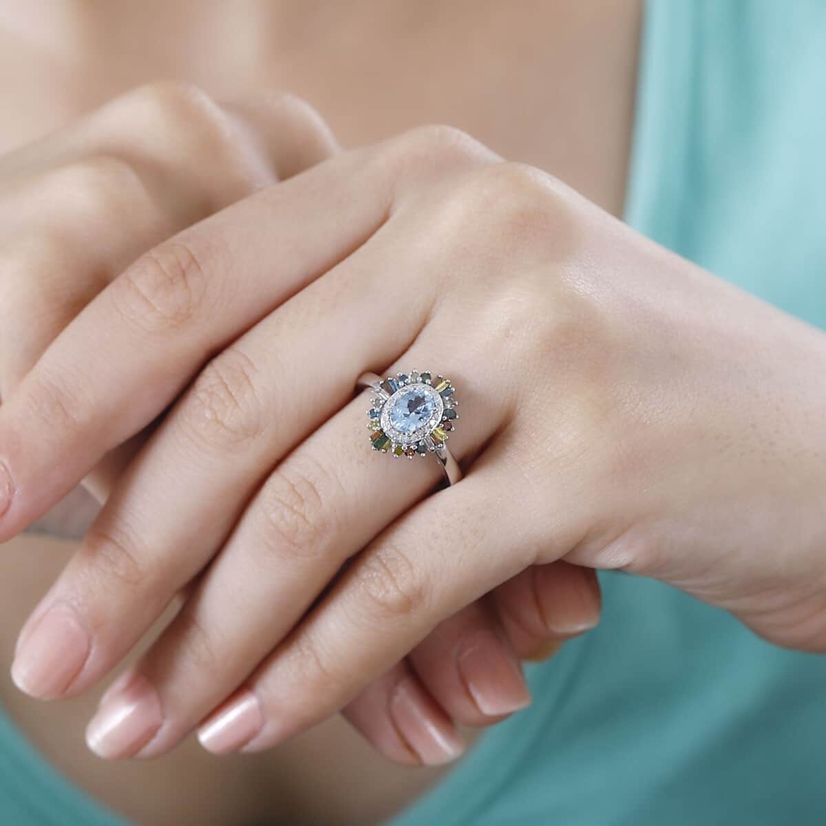 Santa Maria Aquamarine and Multi Diamond Floral Ring in Rhodium Over Sterling Silver (Size 6.0) 1.25 ctw image number 2