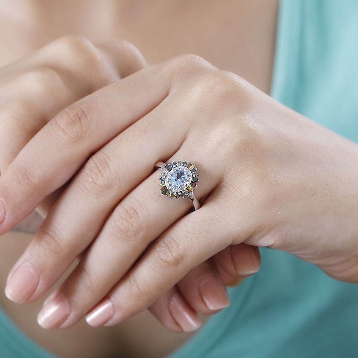 Santa Maria Aquamarine and Multi Diamond Floral Ring in Rhodium Over Sterling Silver (Size 7.0) 1.25 ctw image number 2