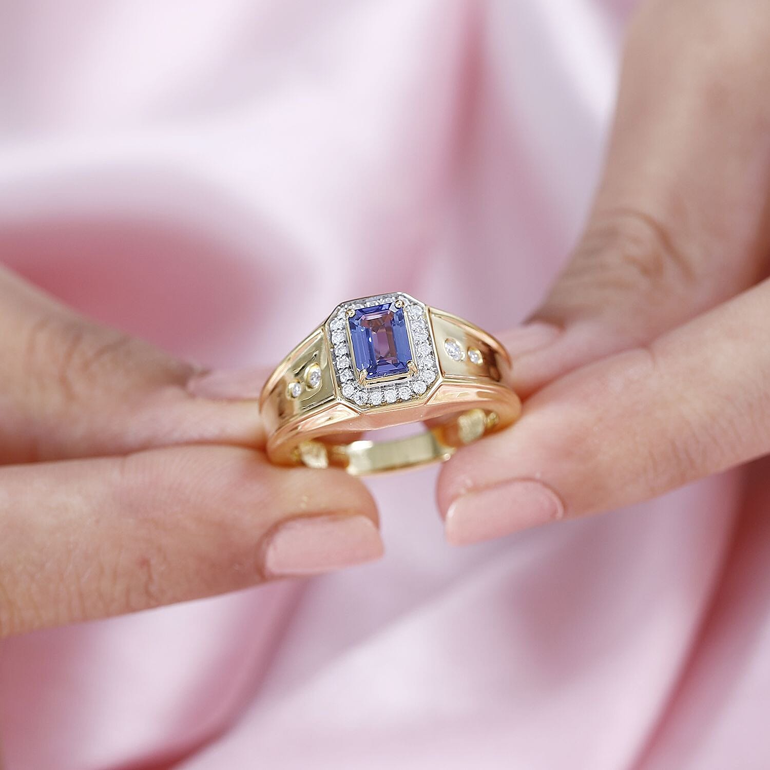 Premium Tanzanite and Moissanite 1.35 ctw Men's Ring in 18K Vermeil Yellow Gold Over Sterling Silver (Size 9.0)