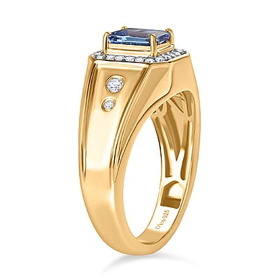 Premium Tanzanite and Moissanite 1.35 ctw Men's Ring in 18K Vermeil Yellow Gold Over Sterling Silver (Size 9.0)