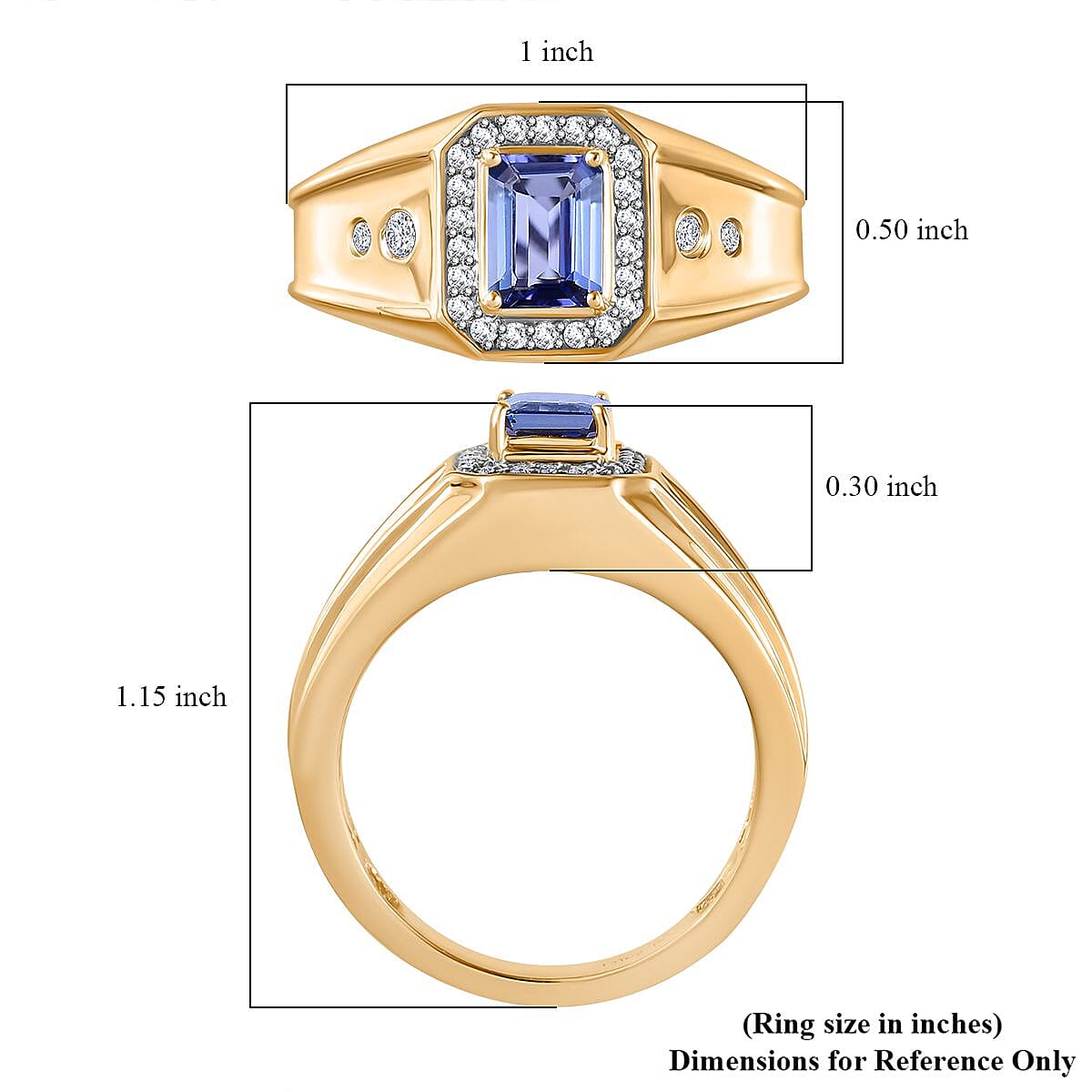 Premium Tanzanite and Moissanite 1.35 ctw Men's Ring in 18K Vermeil Yellow Gold Over Sterling Silver (Size 9.0)
