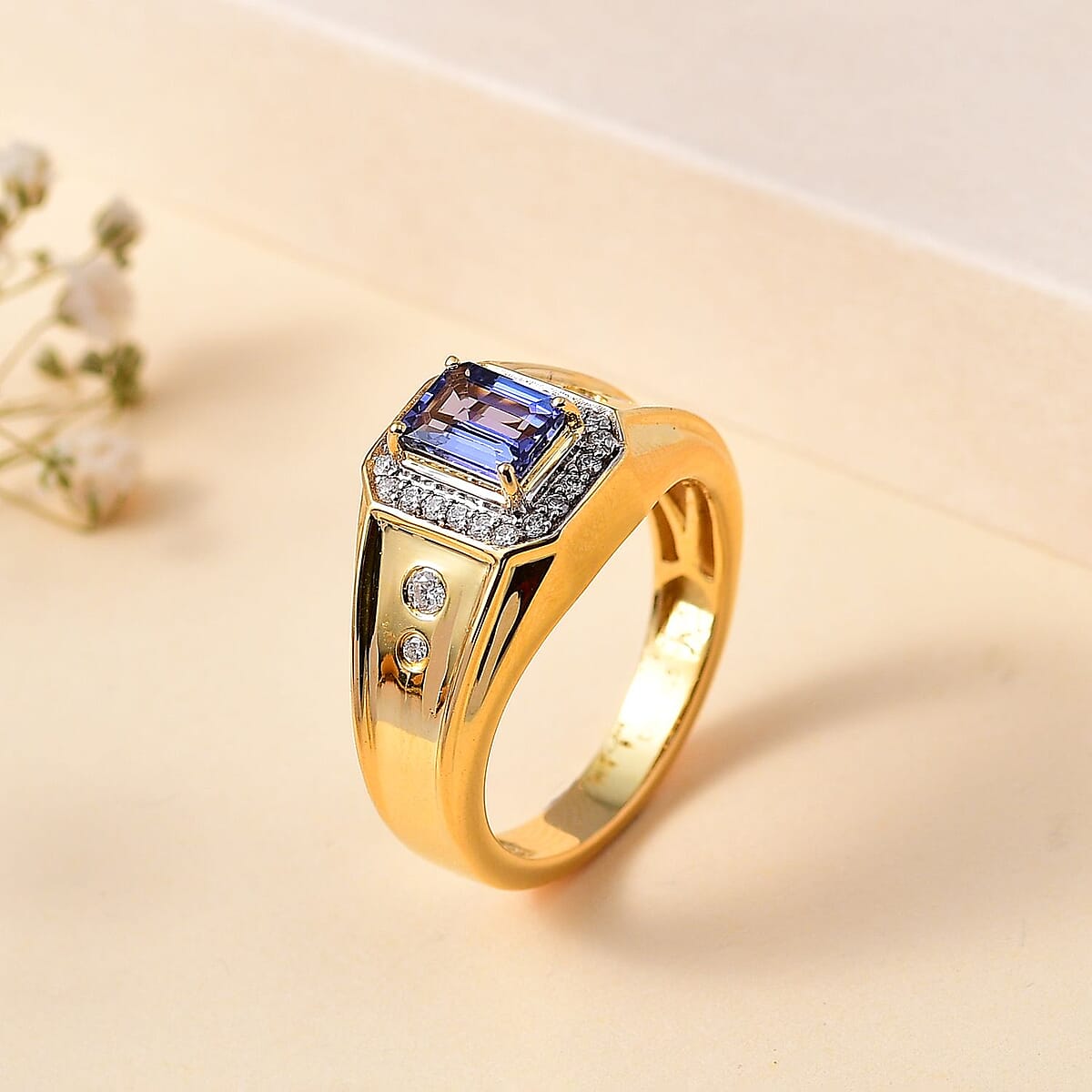 Premium Tanzanite and Moissanite 1.35 ctw Men's Ring in 18K Vermeil Yellow Gold Over Sterling Silver (Size 12.0) image number 1