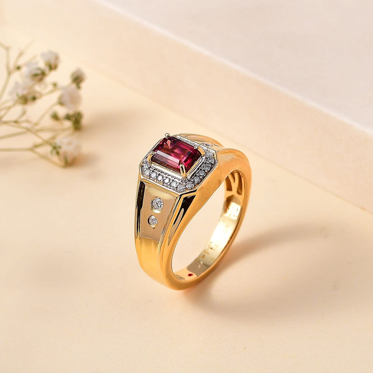TLV Premium Ouro Fino Rubellite, Moissanite Men's Ring in 18K Vermeil YG Over Sterling Silver (Size 9.0) 1.60 ctw image number 1
