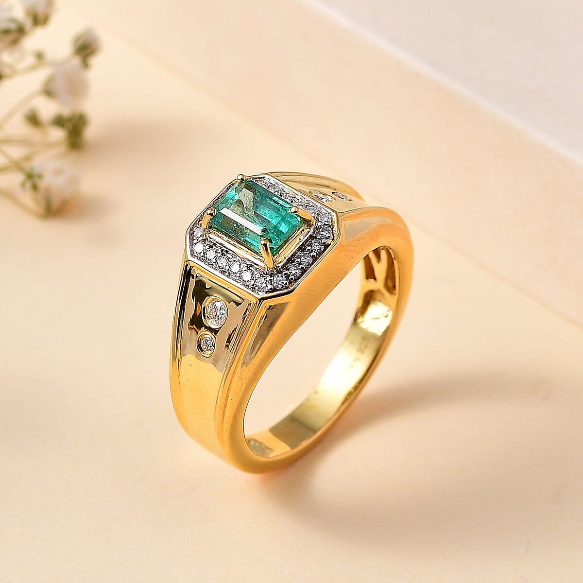 Premium Kagem Zambian Emerald and Moissanite 1.25 ctw Men's Ring in 18K Vermeil Yellow Gold Over Sterling Silver (Size 12.0)  image number 1