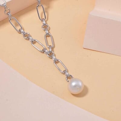 White Edison Pearl Fancy 8.38 ctw Necklace in Rhodium Over Sterling Silver 18-20 Inches
