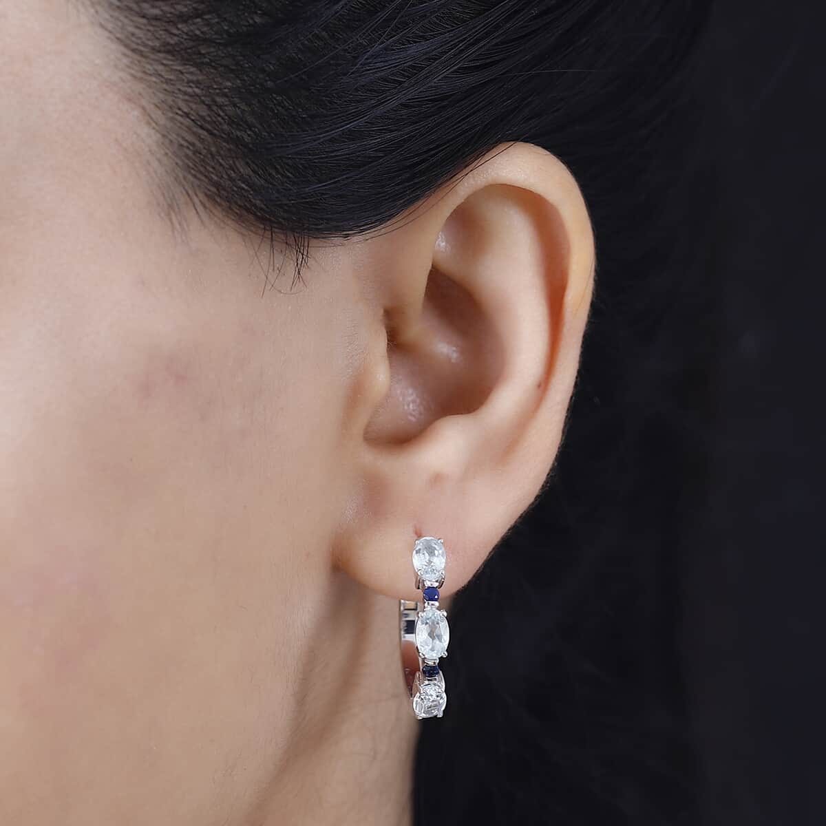 Premium Mangoro Aquamarine and Madagascar Blue Sapphire 3.10 ctw Earrings in Rhodium Over Sterling Silver image number 2