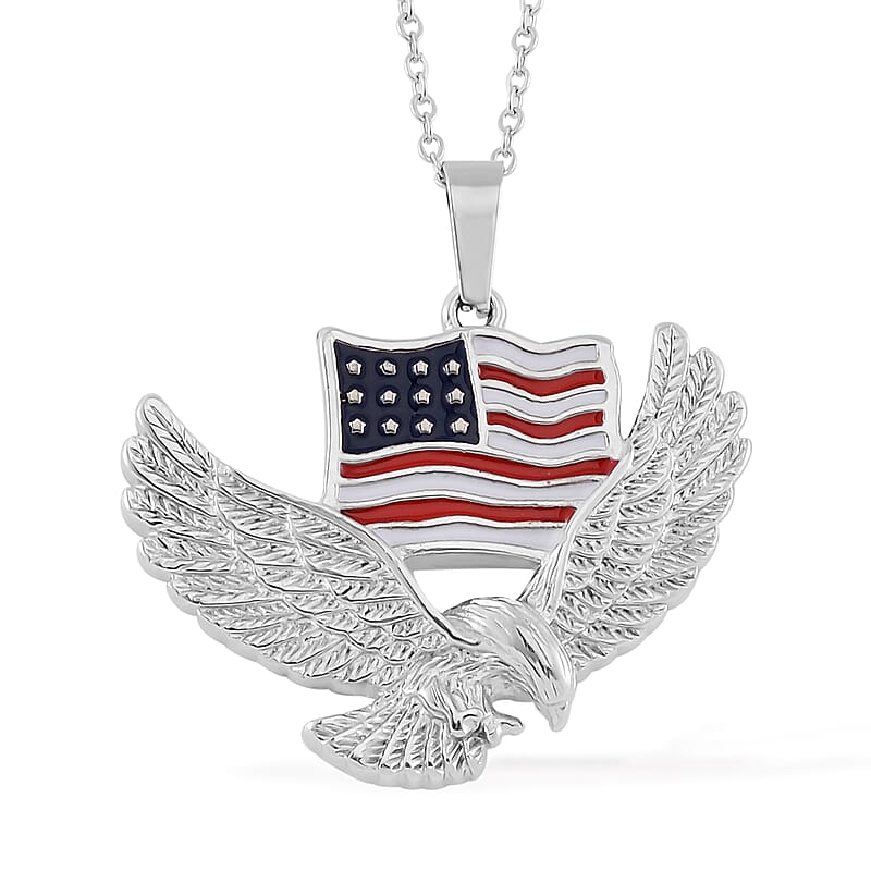 Enameled American Flag with Eagle Necklace 24 Inches in Stainless Steel