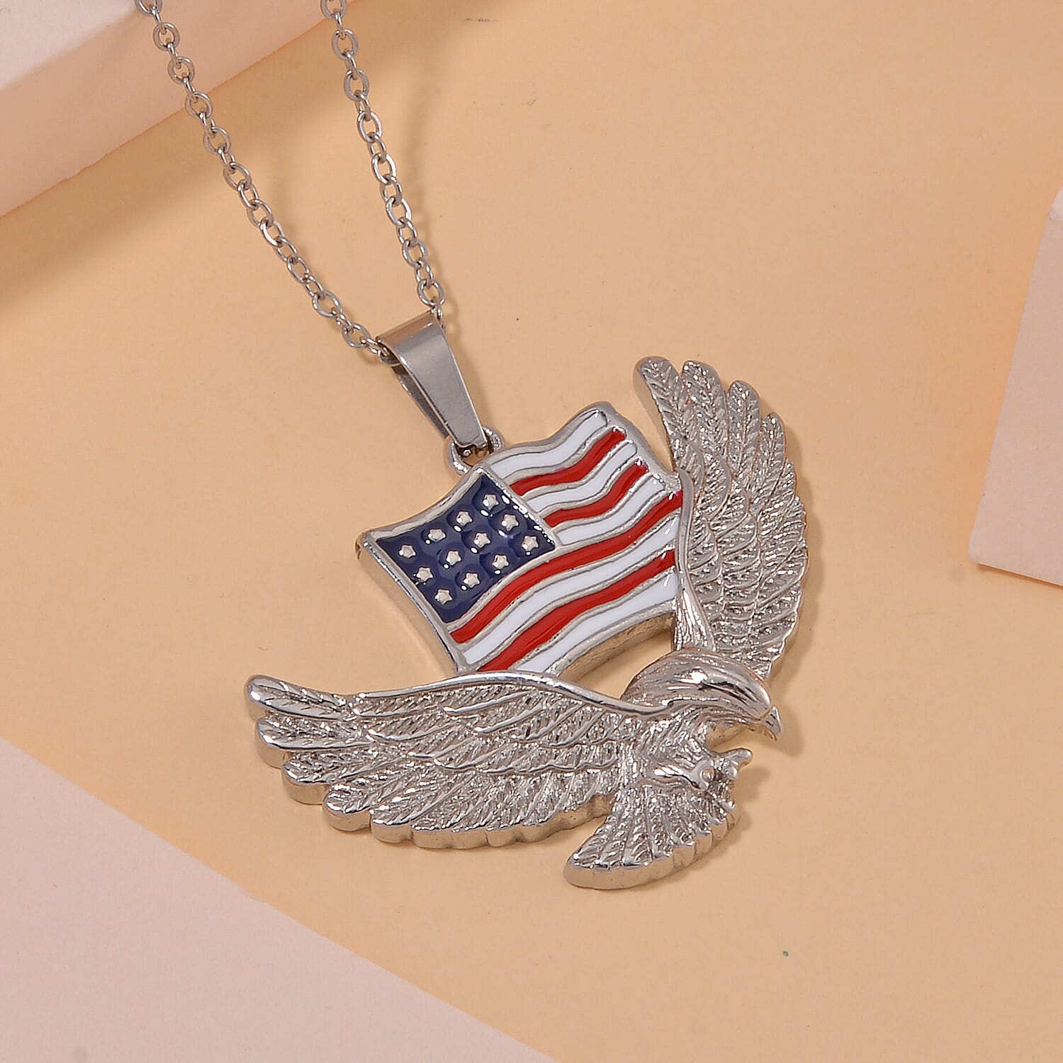 Enameled American Flag with Eagle Necklace 24 Inches in Stainless Steel
