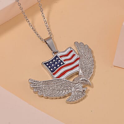 Enameled American Flag with Eagle Necklace 24 Inches in Stainless Steel