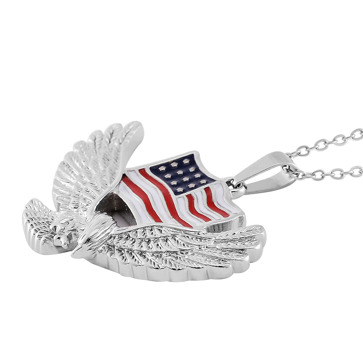 Enameled American Flag with Eagle Necklace 24 Inches in Stainless Steel