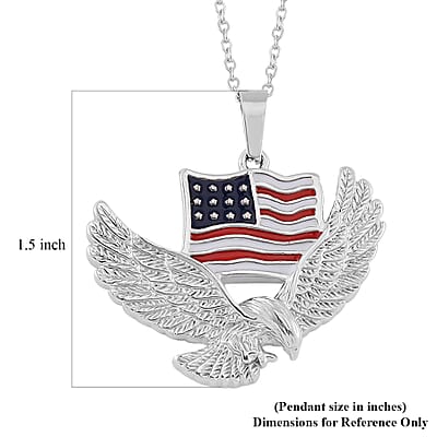 Enameled American Flag with Eagle Necklace 24 Inches in Stainless Steel
