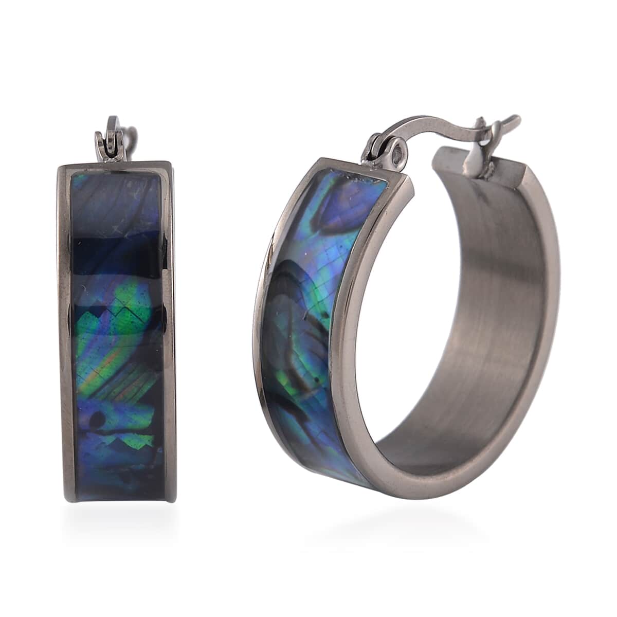 Abalone Shell J-Hook Earrings in ION Plated Black Stainless Steel image number 0