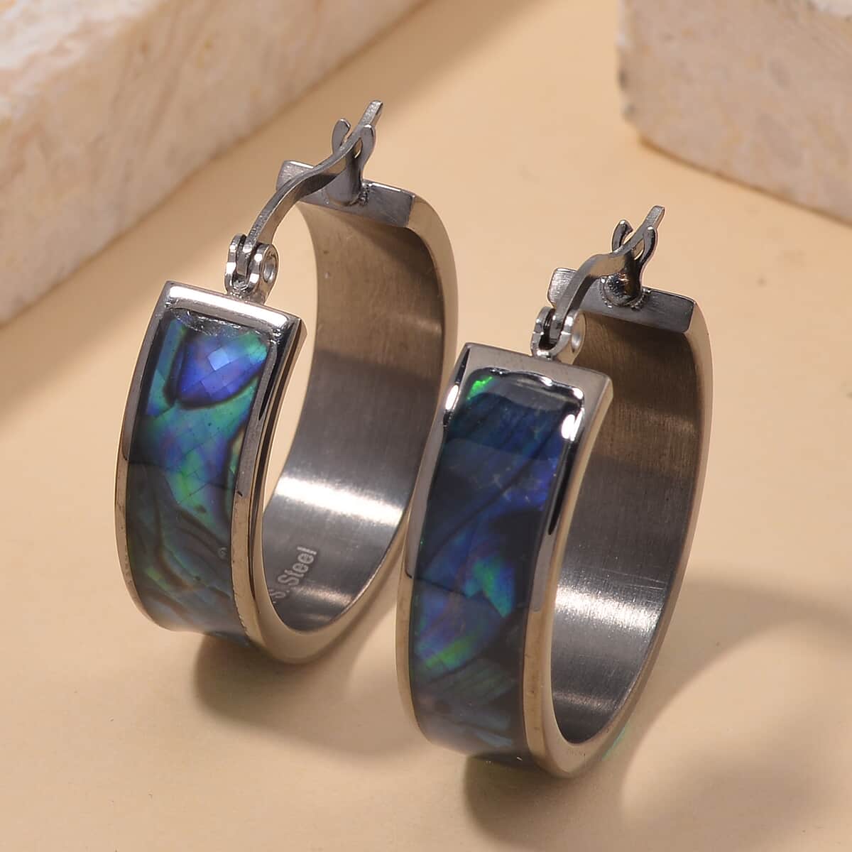 Abalone Shell J-Hook Earrings in ION Plated Black Stainless Steel image number 1