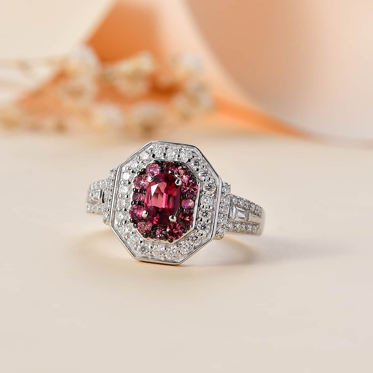 TLV Ofiki Rubellite, Moissanite Ring in Platinum Over Sterling Silver (Size 7.0) 1.40 ctw image number 1