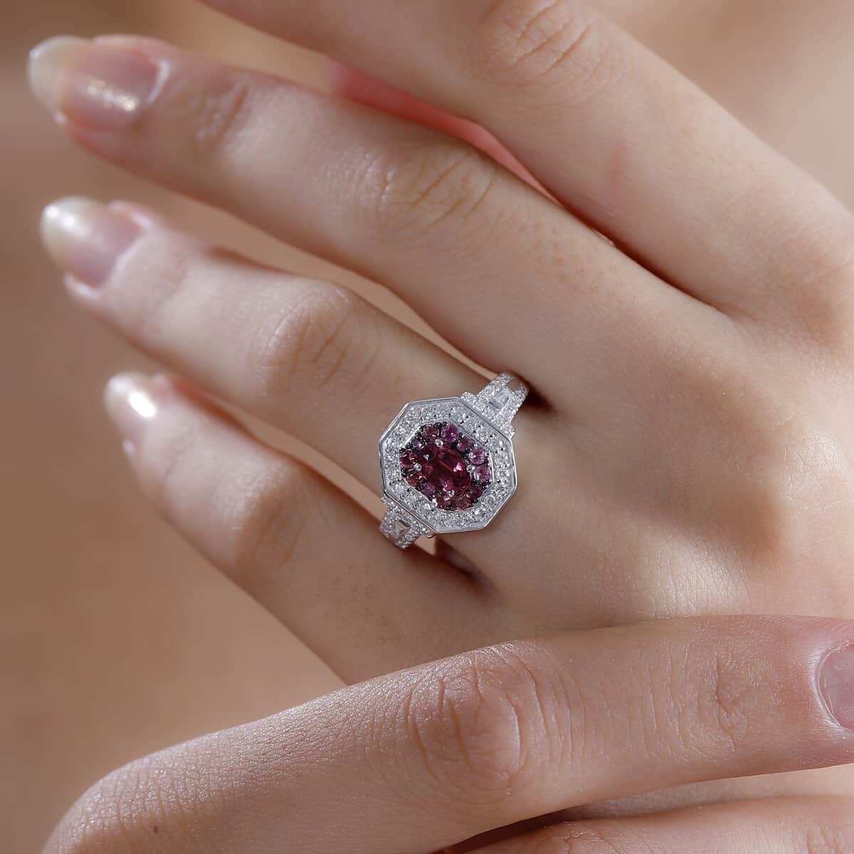 TLV Ofiki Rubellite, Moissanite Ring in Platinum Over Sterling Silver (Size 7.0) 1.40 ctw image number 2