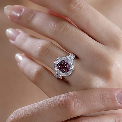 Ofiki Rubellite and Moissanite 1.40 ctw Ring in Platinum Over Sterling Silver (Size 7.0)