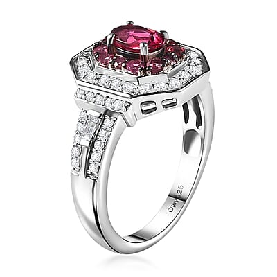 Ofiki Rubellite and Moissanite 1.40 ctw Ring in Platinum Over Sterling Silver (Size 7.0)