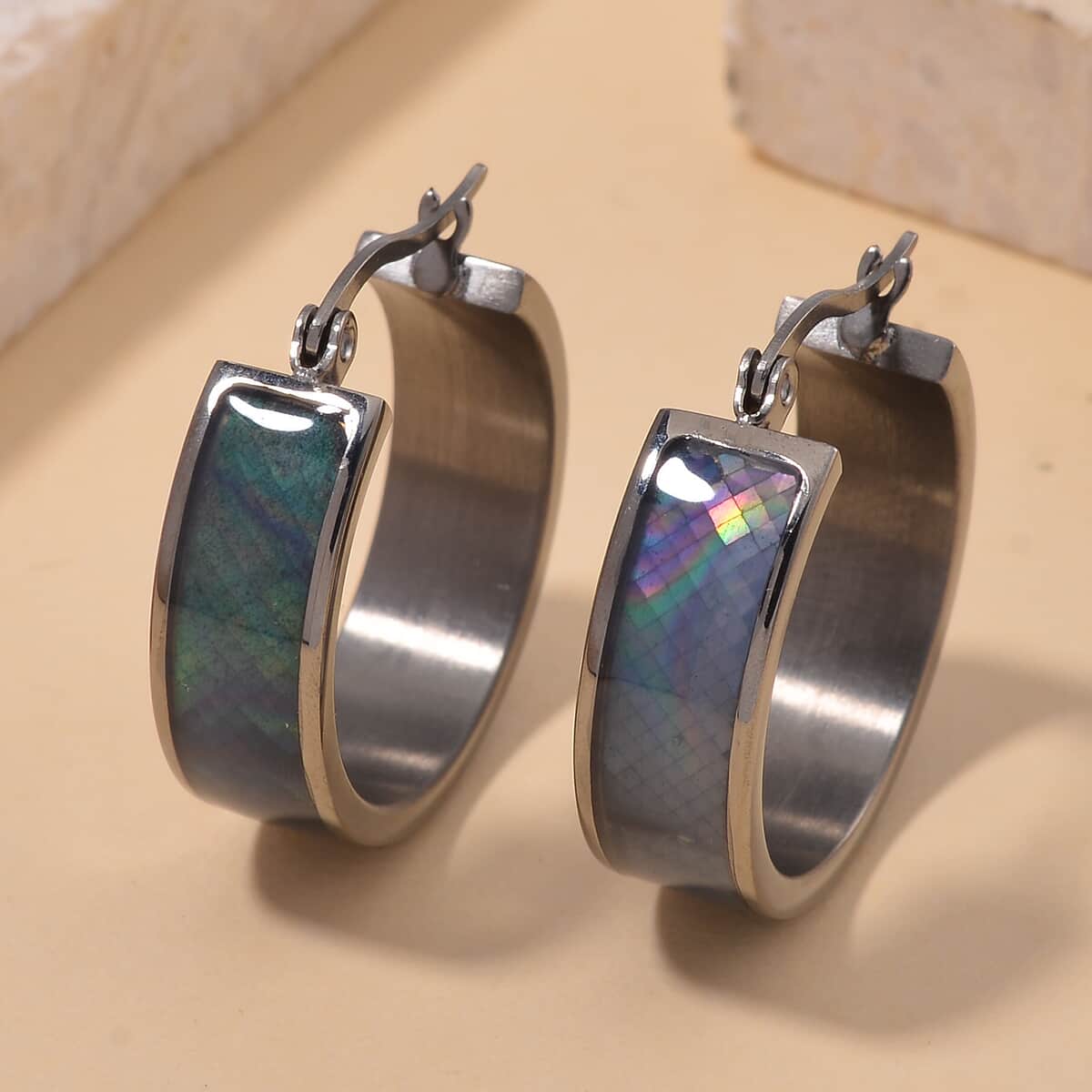 Black Mother of Pearl J-Hook Earrings in Stainless Steel image number 1