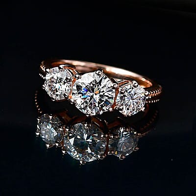 Moissanite 1.75 Ctw 3 Stone Ring in Vermeil Rose Gold Over Sterling Silver (Size 6.0)