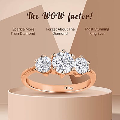 Moissanite 1.75 Ctw 3 Stone Ring in Vermeil Rose Gold Over Sterling Silver (Size 6.0)
