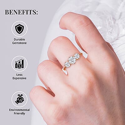 Moissanite 1.75 Ctw 3 Stone Ring in Vermeil Rose Gold Over Sterling Silver (Size 6.0)