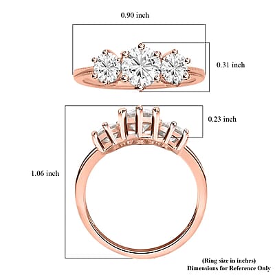 Moissanite 1.75 Ctw 3 Stone Ring in Vermeil Rose Gold Over Sterling Silver (Size 6.0)