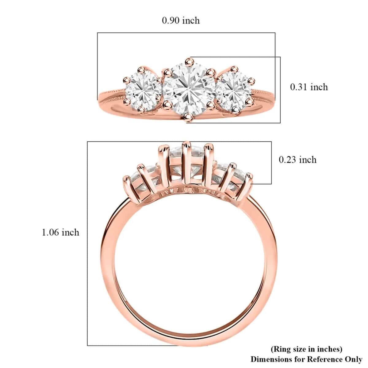 Moissanite 1.75 Ctw 3 Stone Ring in Vermeil Rose Gold Over Sterling Silver (Size 9.0) image number 8