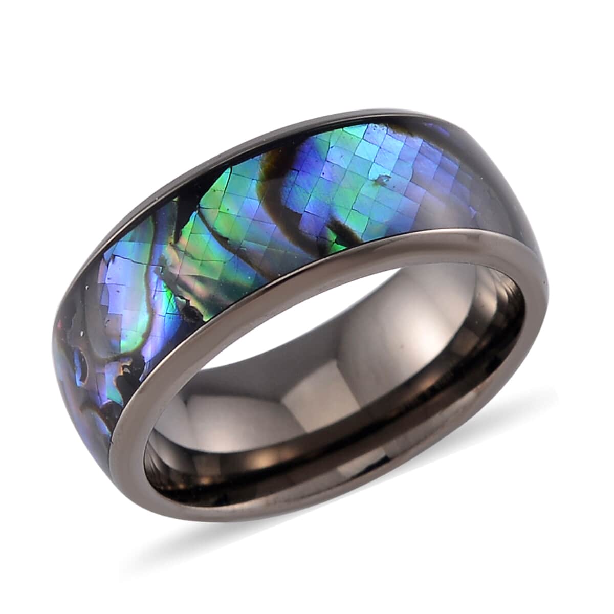 Abalone Shell Band Ring in ION Plated Black Stainless Steel (Size 6) image number 0