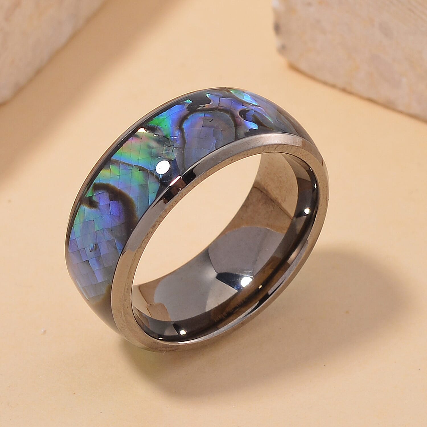 Abalone Shell Band Ring in ION Plated Black Stainless Steel (Size 6.0)