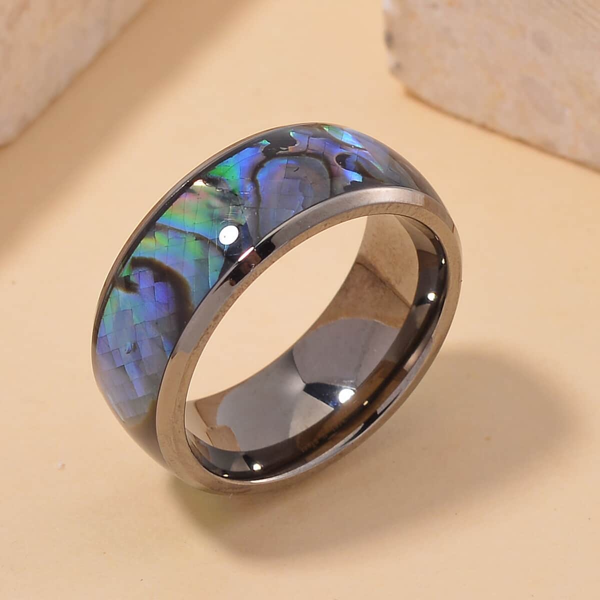 Abalone Shell Band Ring in ION Plated Black Stainless Steel (Size 6) image number 1