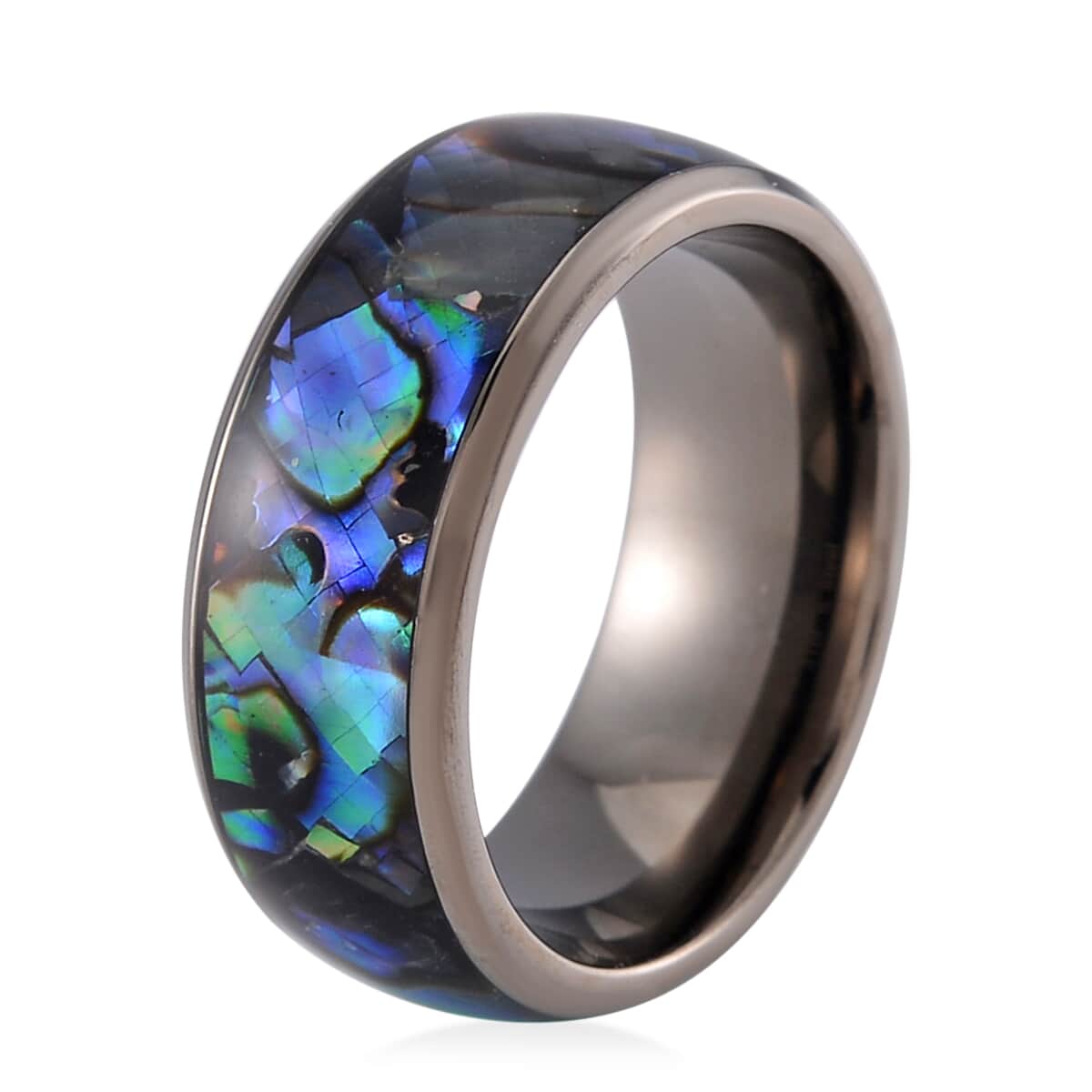 Abalone Shell Band Ring in ION Plated Black Stainless Steel (Size 6) image number 3