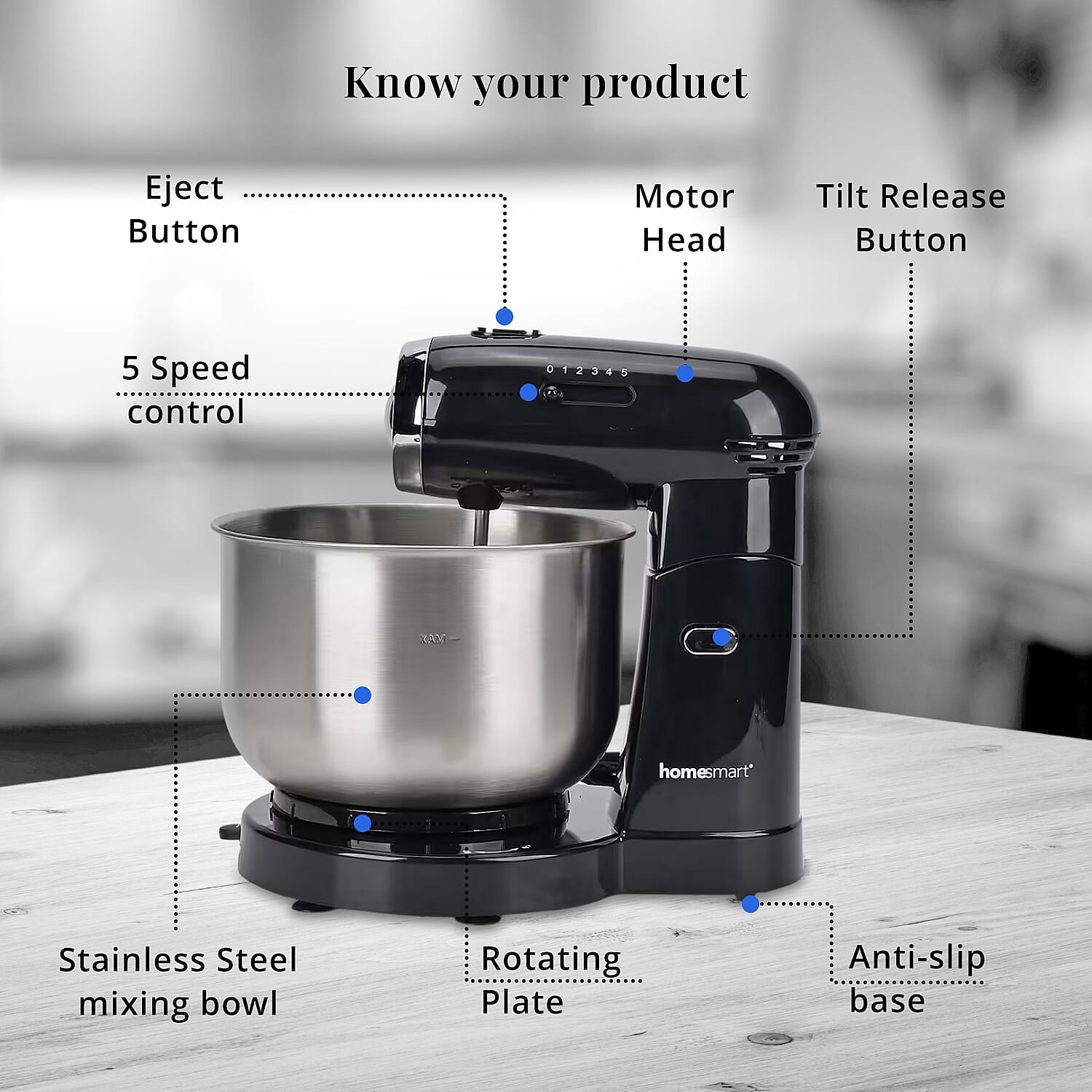 Homesmart Multi-purpose 3.5L Stand Mixer with 2pcs Beaters and 2pcs Hooks- Black